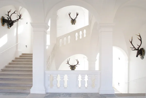 Treppenaufgang des Schloss Stainz mit Hirschgeweihen